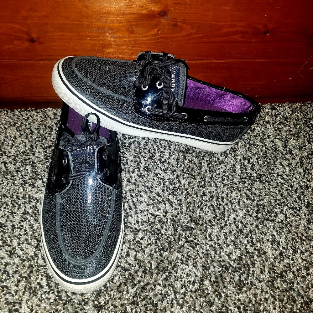 Black Sequin Sperry Boat Shoes